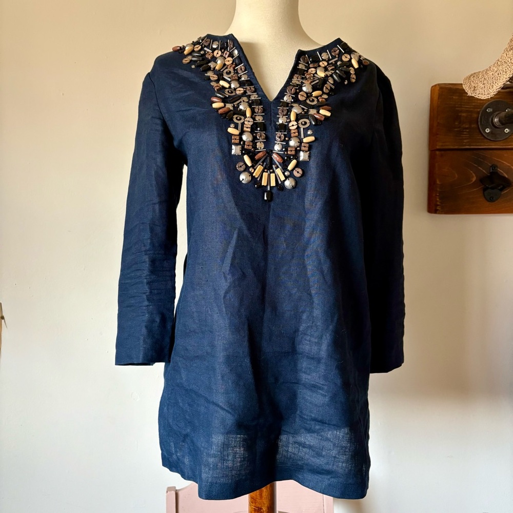 Michael Kors Navy Linen Beaded Tunic Top XS